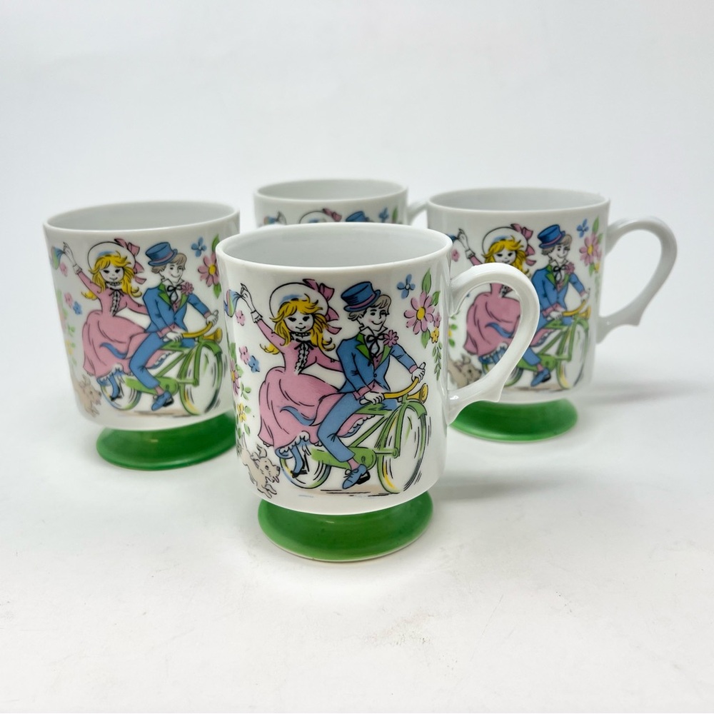 Vintage 1960s Charming Pedestal Mugs Set of 4 Bride and Groom Made in Japan